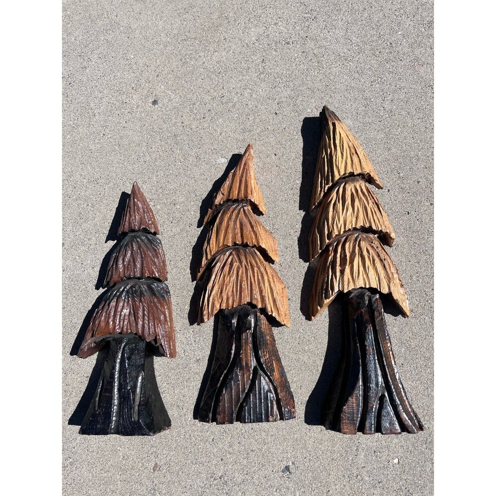 Set Of 3 Chainsaw Carved Wooden Trees Christmas Wood Sculpture Art Wall Cabin